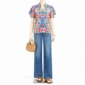 Multicolor Floral Puff-Sleeve Blouse — Size Small
